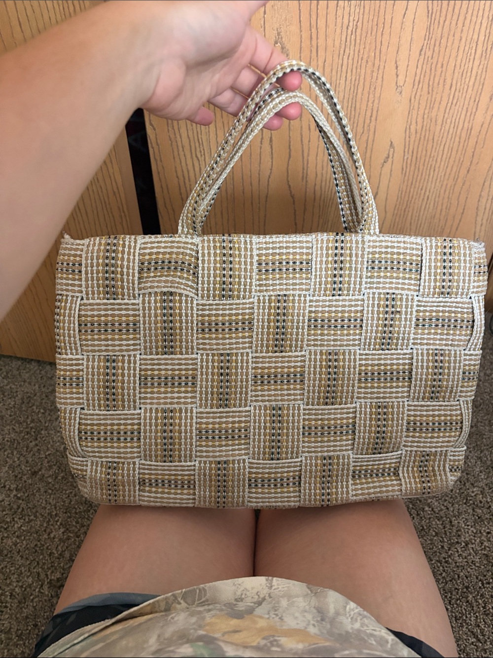 Woven Handheld Tote in Beige and Cream